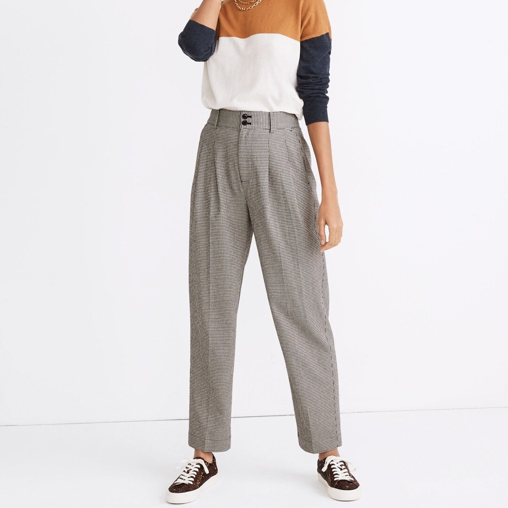 Madewell Pleated Taper Wide-Leg Pants in Mini Houndstooth